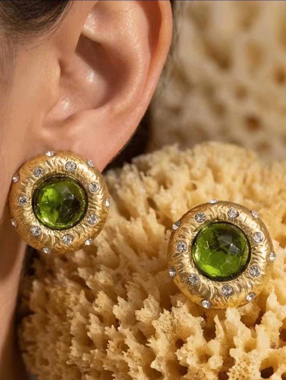 Gold-Tone Earrings with Green Glass Center and Crystal Accents - Picture 4 of 5